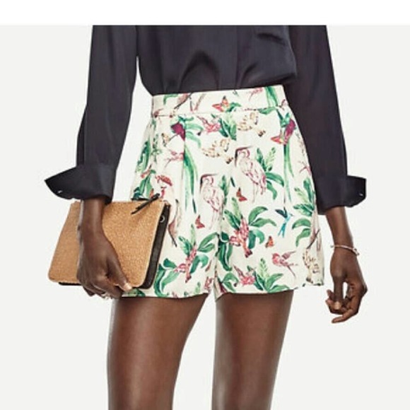 Ann Taylor Pants - Ann Taylor 'Bird of Paradise' White/Cream Tropical Print Pleated Shorts Size 2
